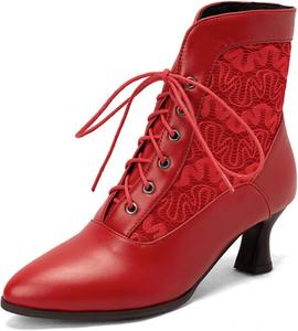 Женские ботильоны RiceelSor с кружевом, заостренным носком и невысоким каблуком, викторианский стиль, ведьминские ботинки, с круглыми носками, удобные, для свадебного костюма, на массивном каблуке, больших размеров, Red