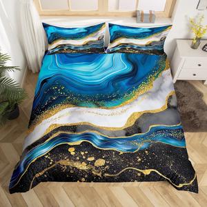 Erosebridal Комплект постельного белья Black Blue Marbling с водяным узором и золотым мраморным принтом, металлическое покрытие, абстрактный дизайн, застежка-молния, Blue Black