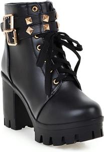 Женские ботинки DXSYMJM с кружевной шнуровкой, на широком каблуке, зимние ботильоны, с круглым носком, на молнии, с платформой и пряжкой, Black