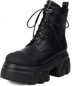 Женские кожаные ботинки на платформе с массивным каблуком, боковой молнией, дышащие, с круглым носком, противоскользящие, на высокой платформе, готические, с шнуровкой, ботильоны для улицы, в стиле панк, для мотоцикла BHDJK, Black