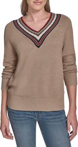 Женский однотонный свитер Tommy Hilfiger с V-образным вырезом и отделкой, Light Heather Fawn