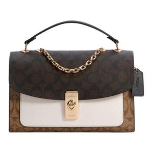 Сумка кросс-боди Coach среднего размера из лакированного холста с кожаными деталями, коричнево-белая