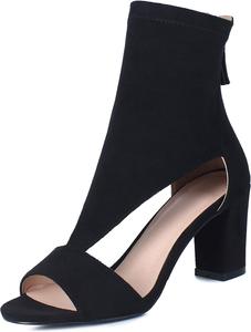 Sailimy Женские летние ботильоны с открытым носком, черные замшевые с вырезами, с ремешком T, на молнии сзади, открытый носок, туфли-бутильоны, с пустотелыми переплетенными ремешками, на каблуке-блоке, с высоким толстым каблуком, праздничные туфли