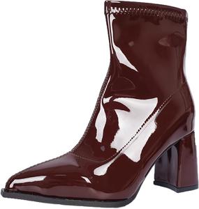 Женские ботильоны с квадратным носком, на массивном каблуке, с боковой молнией, из лакированной кожи, ботинки средней голени Generic, Brown