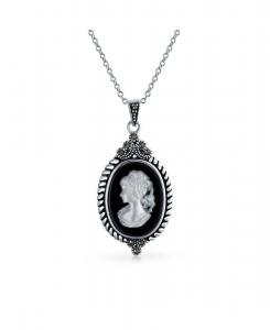 Подвеска-камея в винтажном стиле из черного перламутра с белым резным портретом викторианской леди для женщин, оправа из натурального марказита, оксидированное серебро 925 пробы Bling Jewelry, Black