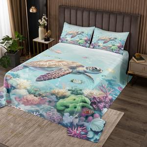 Erosebridal Комплект постельного белья King Size Kawaii с морскими черепахами в синих тонах с кораллами и водорослями, Blue Purple
