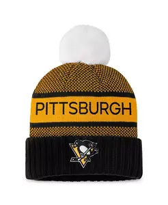 Женская вязаная шапка с помпоном и манжетой Pittsburgh Penguins Authentic Pro Rink, черная/золотая Fanatics