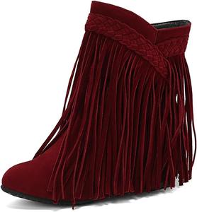 Женские замшевые ботинки с кисточками до середины икры, уличные вестерн-ботильоны с бахромой в стиле ковбой, ретро с заостренным носком, внутренняя подошва для увеличения роста, ботинки на один шаг Helenbra, Red