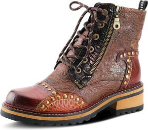 Женские ботильоны L'Artiste Rugup из комбинированной кожи | Низкие ботинки на каблуке с шнуровкой, молнией и искусственным мехом Spring Step L'Artiste, Brown Multi