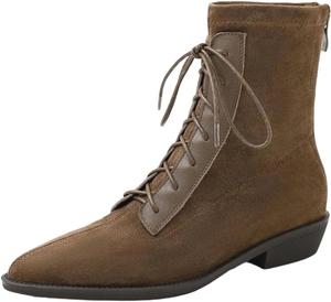 Женские ботильоны вестерн-стиля с остроконечным носком, шнуровкой, низким каблуком-шипом и модным разноцветным дизайном Generic, Brown No Fleece