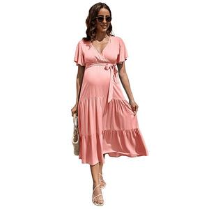 Женское платье для беременных с V-образным вырезом, рукавами-фонариками и поясом Seoria, Pink