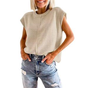 Женский пуловер-жилет с круглым вырезом и коротким рукавом, вязаный рельефной вязкой, однотонный Clearflower, Snow Apricot