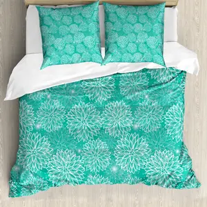 Пододеяльник ABAKUHAUS Цветок георгина, дизайн, защита от клещей, подходит для аллергиков, с наволочками, 200 x 200 см - 80 x 80 см, белый сине-зеленый Abakuhaus