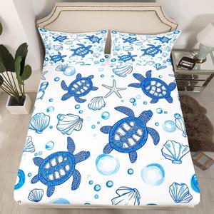 Erosebridal Комплект постельного белья Turtle с морскими черепахами и звездами в голубых тонах, Blue White
