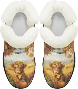 Детские ботинки для девочек на зиму с меховой подкладкой, противоскользящие зимние ботинки для прогулок и бега, слипоны Pointodoor, Highland Cattle Maple Leaf