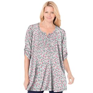 Женщина в женской тунике больших размеров на 7 дней с рукавами три четверти и защипами на пуговицах Woman Within, цвет Ivory Flower Garden