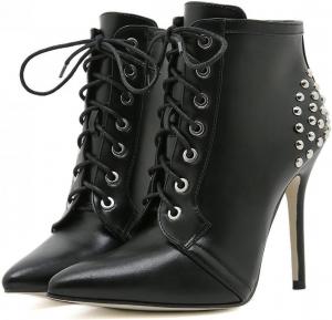 Женские кожаные ботильоны с шипами на шпильке, сексуальные с острым носком, на шнуровке, с высоким каблуком, с дышащей подкладкой, модные Y2K, панк, байкерские короткие ботинки LOVEHEYNEW, Black