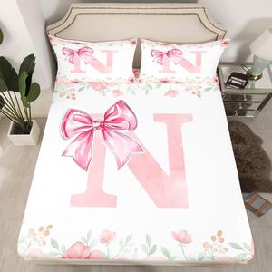 Erosebridal Детский комплект постельного белья Initial Letter N розовый с алфавитом и бантиками, Pink White N