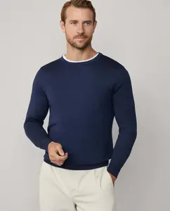 Мужской джемпер из мериносовой шерсти и шелка с круглым вырезом Hackett, темно-синий