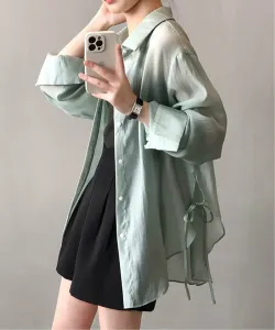 Блузка в корейском стиле с боковыми завязками, прозрачная, с защитой от УФ-излучения Aimoha - Select -, цвет Green