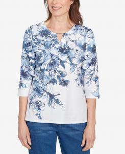 Женская блузка с цветочным принтом, разрезом и бисером Alfred Dunner, Denim
