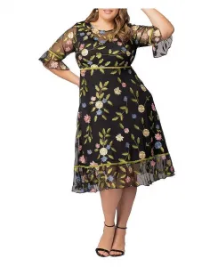 Платье с цветочной вышивкой Wildflower из сетки больших размеров Kiyonna, черный