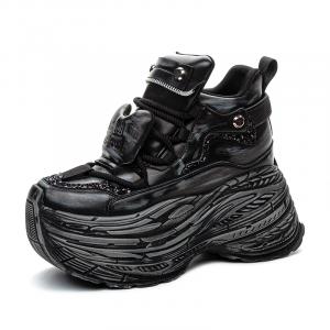 Shangjinni Антискользящие и износостойкие массивные кроссовки мидтоп для женщин с эффектом увеличения роста черно-серебристые, цвет Black Silver