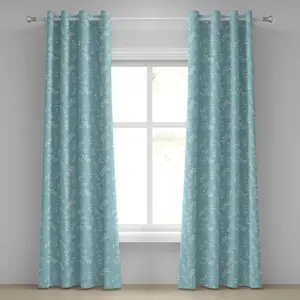 Штора на люверсах ABAKUHAUS "Дерево", цветущие ветки с маленькими нежными листьями, веточки, садовые растения, дизайн "Дзен", декоративные двухпанельные шторы, 280 см x 245 см, нежно-голубой и белый цвет Abakuhaus