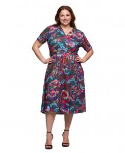 Платье миди с короткими рукавами и поясом на талии, с принтом, больших размеров 24seven Comfort Apparel, Pink Multi