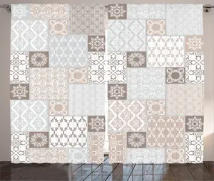 Штора для спальни ABAKUHAUS в арабском деревенском стиле с пастельным восточным мотивом, с присборенной лентой, петлями и крючками, 280 x 225 см, цвет белый, бежевый, серый Abakuhaus