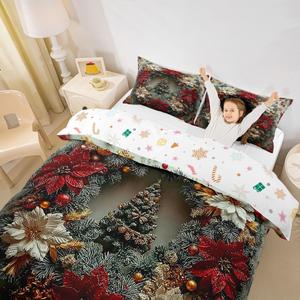 Erosebridal Комплект постельного белья с новогодним принтом из сосновых веток и пуансеттии в зелёных тонах, Red White Green