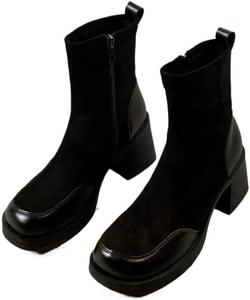 Женские ботильоны на платформе с массивным высоким каблуком, квадратным носком и эластичной верхней частью, короткие боевые ботинки для женщин Hhhchpm, Black