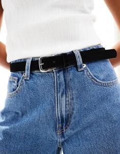 Ремень Pieces из замши с серебряной пряжкой черного цвета