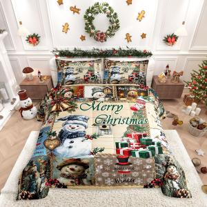 Erosebridal Комплект постельного белья Cute Snowman с зимним тематическим принтом снежинок и рождественской елки в стиле рустик, Khaki