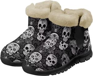 Женские зимние ботинки Jeiento Sugar Skull с цветами, пушистые, утепленные, с нескользящей подошвой, Grey Sugar Skull