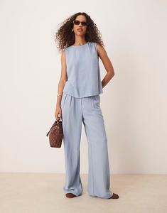 Широкие брюки со складками спереди ASOS DESIGN в комплекте с льняной курткой синего цвета