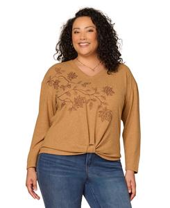 Топ с длинными рукавами и вышитым узлом, больших размеров Democracy, Heather Caramel Brown