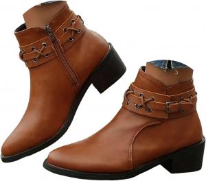 Женские кожаные ботильоны ретро с пряжками, цельнокожаные, массивный средний каблук, боковая молния, широкий голень, овальный носок, ковбойские короткие сапожки, модные, водонепроницаемые, противоскользящие ZSpzx, Brown
