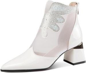 Женские ботильоны TinaCus ручной работы из лакированной кожи с сеткой и стразами, сзади на молнии, с острым носком и средней массивной подошвой, White