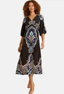 Платье-Миди прямого кроя с принтом, v-образным вырезом и пышными рукавами. Love & Roses, Black Bohem
