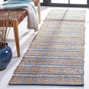 Ковер-дорожка SAFAVIEH, 69 x 244 см, Natural Fiber Collection, Blue & Natural, ручной работы, богемная полоска в стиле фермерского дома, джут и хлопковый джут, идеально для помещений с высокой проходимостью в гостиной, спальне (NFB656M)