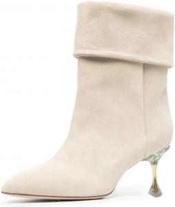 Женские стильные замшевые ботильоны FYS с заостренным носком, низким каблуком, короткие плотно облегающие сапожки, удобная обувь, размер 4-15 US, Beige