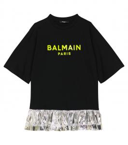 Платье-футболка из хлопка с логотипом Balmain Kids, Nero