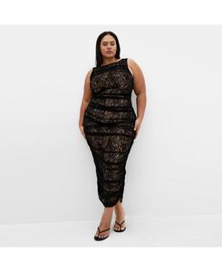 Кружевное платье миди больших размеров со складками и ореолом CITY CHIC, Black