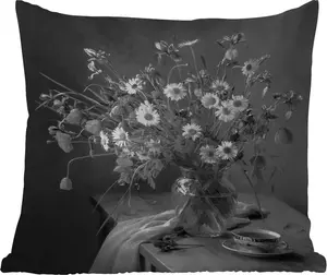 Подушка для улицы Букет цветов - картина маслом - натюрморт - черно-белый - 60 x 60 см - водонепроницаемая - подушка для отдыха - декоративная - подушка для сна MuchoWow