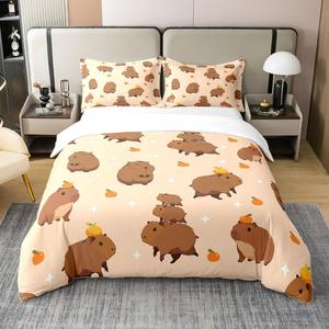 Erosebridal Комплект постельного белья из 100% хлопка с принтом капибары и фруктов в бежевых тонах, Beige