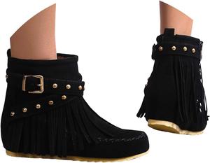 Женские замшевые западные ковбойские сапоги с бахромой, ботильоны, ковбойские сапоги с кисточками, модные короткие сапоги на носок с круглыми носками, ретро-зимние ботильоны на низком каблуке Generic, Black