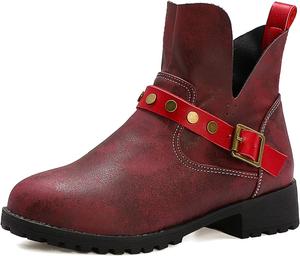 Женская мода LYYSKY: массивные высокие каблуки с пряжкой, металлические ботильоны с заклепками, винтажные короткие ботинки, ботинки-рыцарские, Wine Red