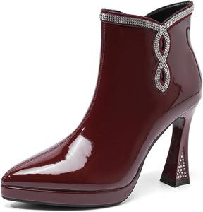 Женские ботильоны на шпильке из лакированной кожи с стразами, сексуальный заостренный носок, декоративная строчка, боковая молния, платформа, высокий каблук, праздничные короткие сапожки для свадьбы и вечеринок NSNEOND, Red