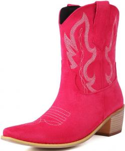 Ботинки DINTAHA из искусственной замши в стиле ковбойские с квадратным носком, вышитыми узорами, западным стилем, с массивным каблуком и длиной до щиколотки, Hot Pink